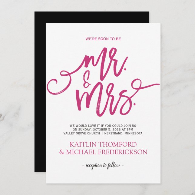 Hot Pink & Black Wedding Invitations |Brush Script (Front/Back)