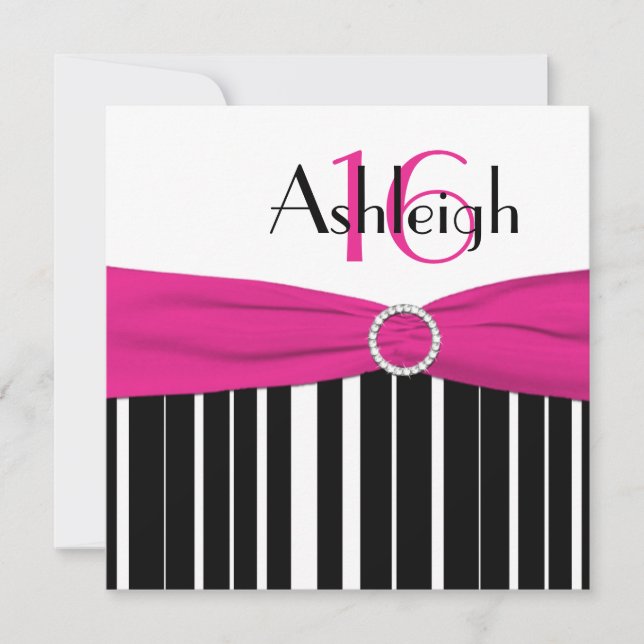 Hot Pink, Black, White 16th Birthday Invitation (Front)