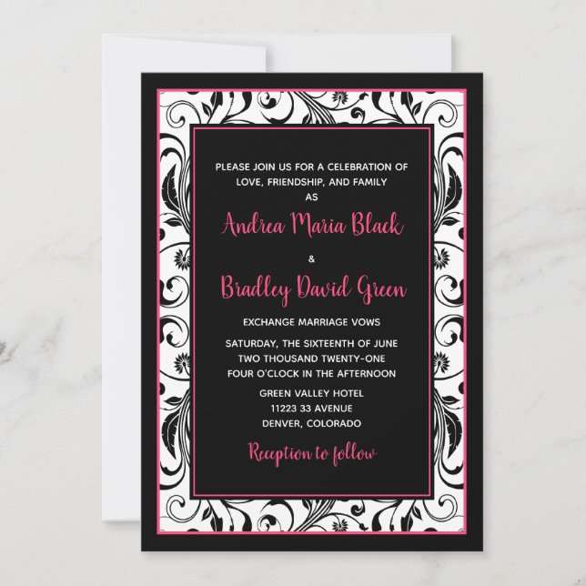 Hot Pink, Black, & White Floral Wedding Invitation (Front)