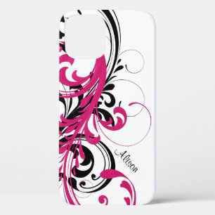 Hot Pink Black White Funky Wavy Scroll Floral iPhone 12 Case