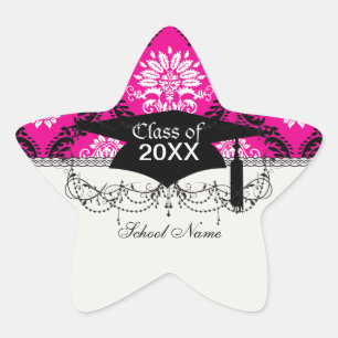 hot pink black white ornate damask star sticker
