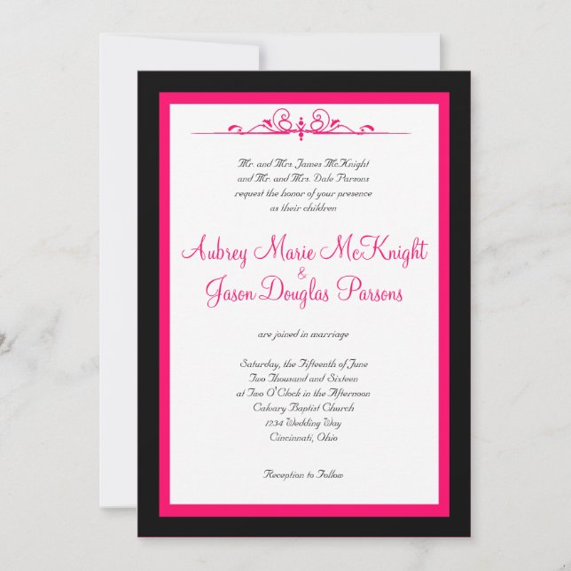 Hot Pink Black White Scroll Top Wedding Invitation (Front)
