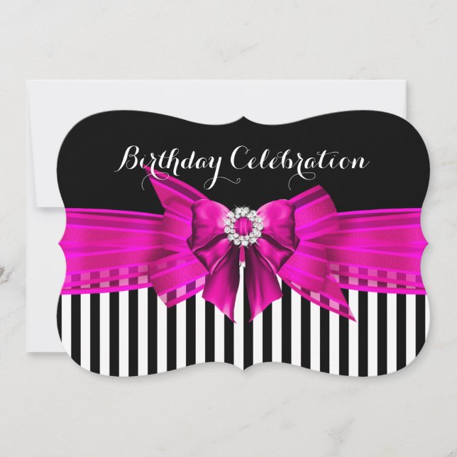 Hot Pink Black White Stripe Birthday Party Invitation (Front)