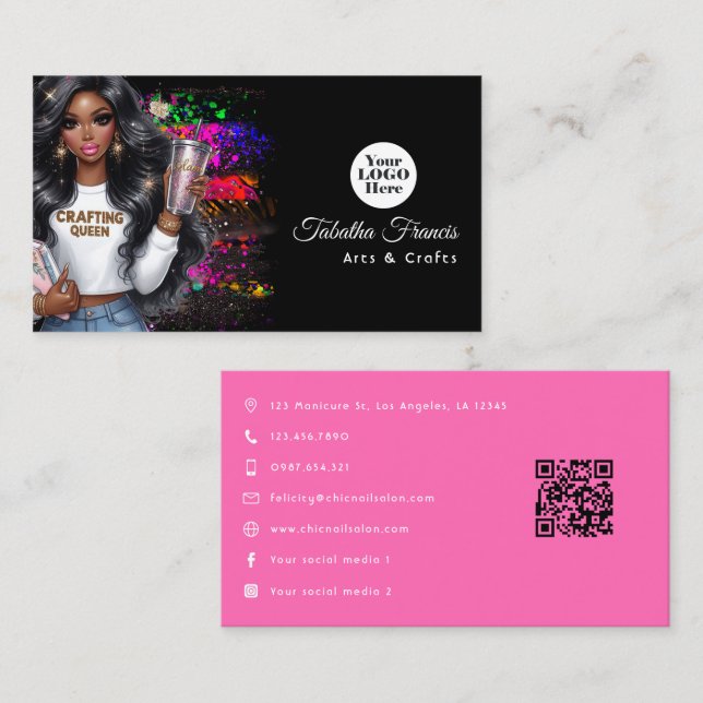 Hot-Pink Black Woman Crafting Queen Design Business Card (Front/Back)