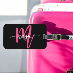 Hot Pink Black World Traveller Monogram Name Luggage Tag