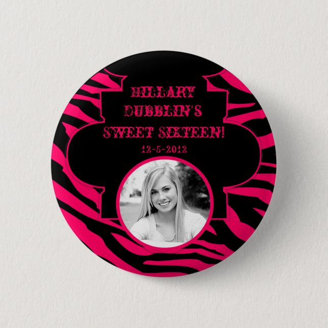 Hot Pink Black Zebra Print Animal Photo Button (Front)