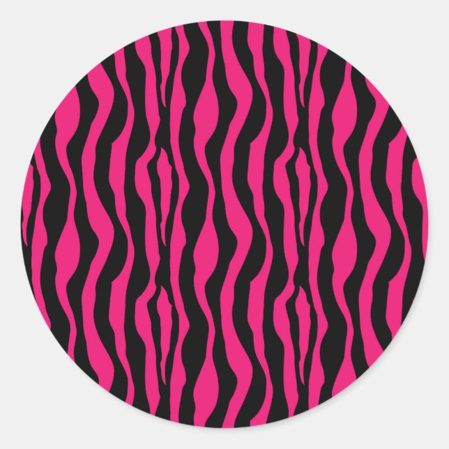 Hot Pink & Black Zebra Print Animal Zig Zag Classic Round Sticker (Front)