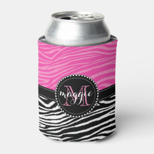 Hot Pink & Black Zebra Print Monogram Pattern Can Cooler