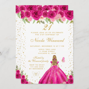 Hot Pink Blonde Hair Princess Birthday Party Invitation