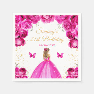 Hot Pink Blonde Hair Princess Birthday Party Napkin