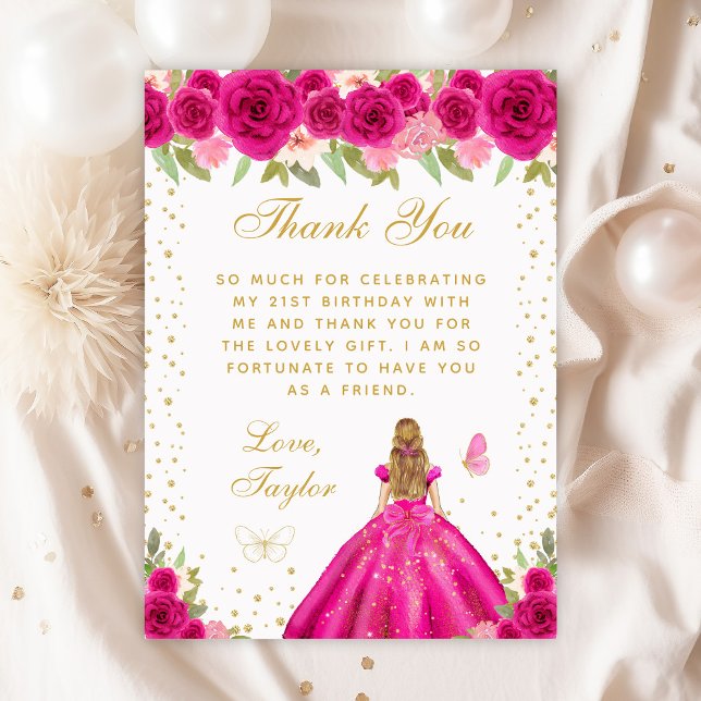 Hot Pink Blonde Hair Princess Birthday Party Thank You Card (Creator Uploaded)