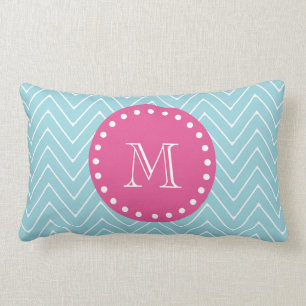 Hot Pink, Blue Chevron Your Monogram Lumbar Cushion