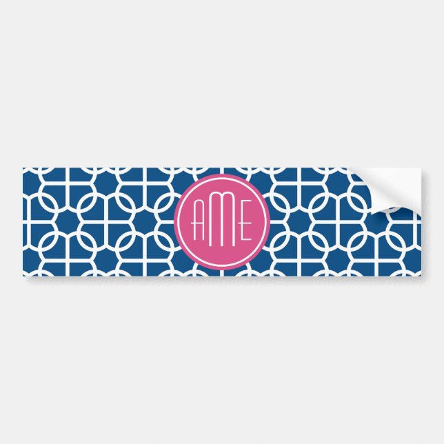 Hot Pink & Blue Geometric Pattern Monograms Bumper Sticker (Front)