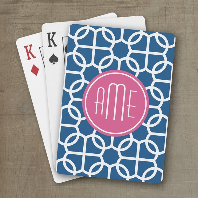 Hot Pink & Blue Geometric Pattern Monograms Playing Cards (Personalized playing cards with monogram or custom text)