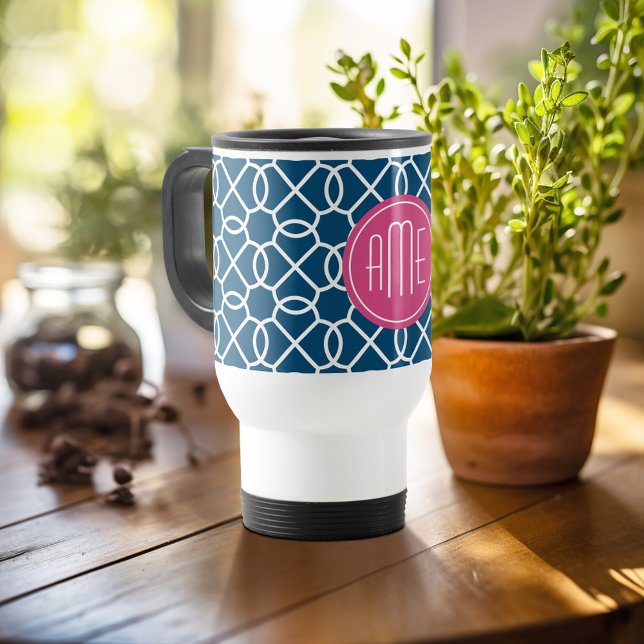 Hot Pink & Blue Geometric Pattern Monograms Travel Mug (Personalized travel mug - add photos and text or customize completely)