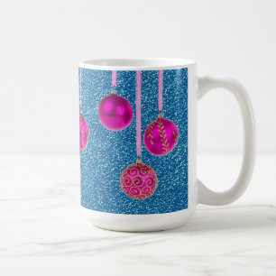 Hot Pink Blue Glitter Merry Christmas Baubles Mug