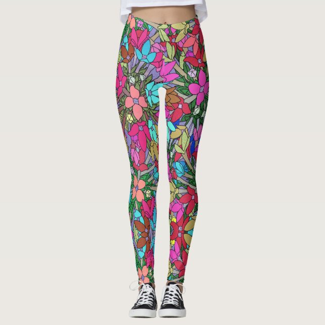 Hot Pink, Blue, Green Floral Print Leggings (Front)