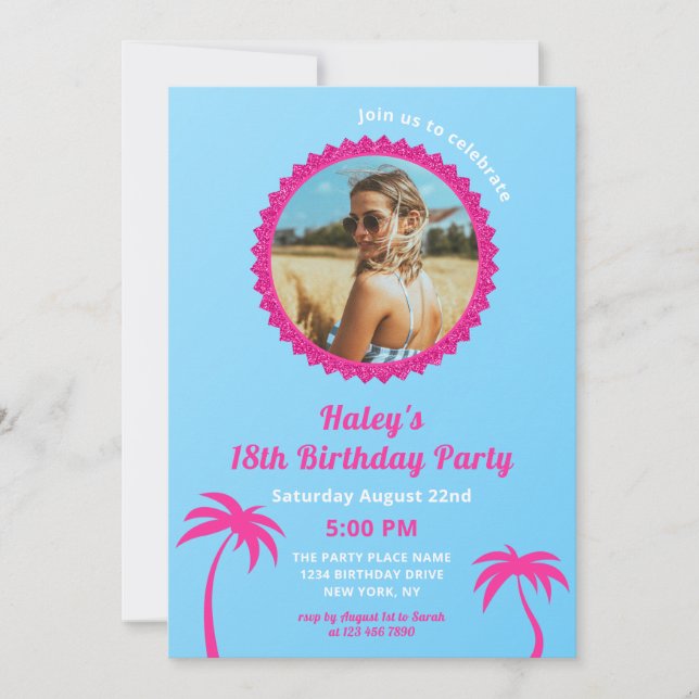 Hot Pink & Blue Modern Photo 18th Birthday Invitation (Front)
