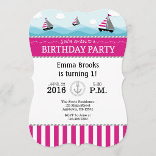 Hot Pink Blue Nautical Birthday Invitation