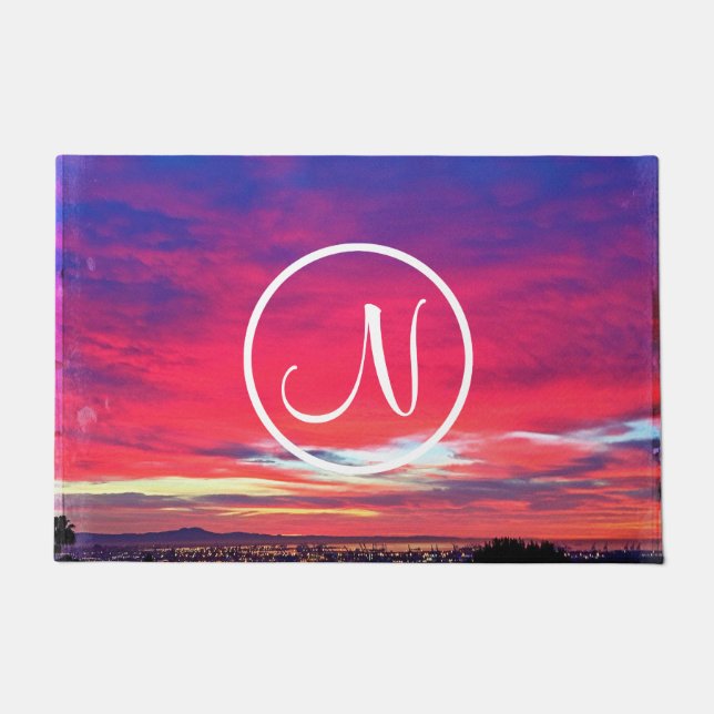 Hot pink blue sunset photo custom monogram modern doormat (Front)