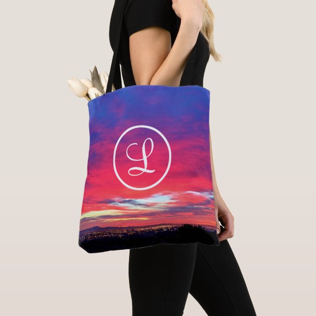 Hot pink blue sunset photo custom monogram modern tote bag (Close Up)
