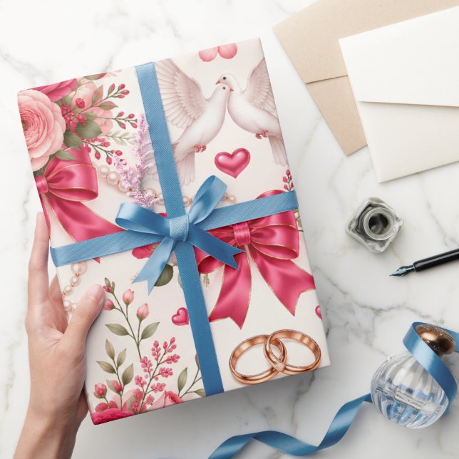 Hot Pink Blush Floral Wedding Gift Wrap with Doves (Gifting)