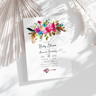 Hot-Pink Boho Chic Floral Baby Shower Invitation