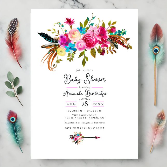 Hot-Pink Boho Chic Floral Baby Shower Invitation (Hot-Pink Boho Chic Floral Baby Shower Invitation)