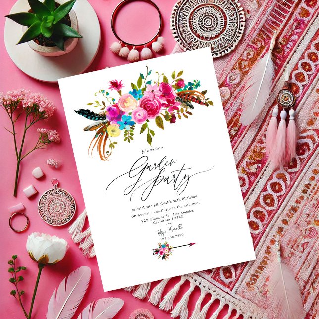 Hot-Pink Boho Chic Floral Garden Party Invitation (Hot-Pink Boho Chic Floral Garden Party Invitation)