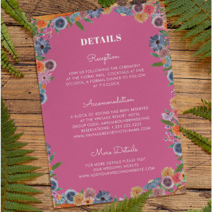 Hot Pink Boho Whimsical Wildflower Wedding Details Enclosure Card