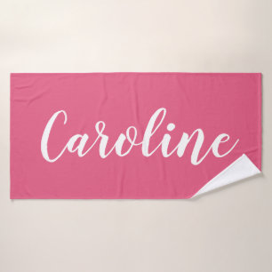 Hot Pink Bold Script Personalised Name Bathroom Bath Towel Set
