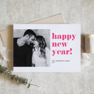 Hot Pink Bold Typography Photo Happy New Year Holiday Card