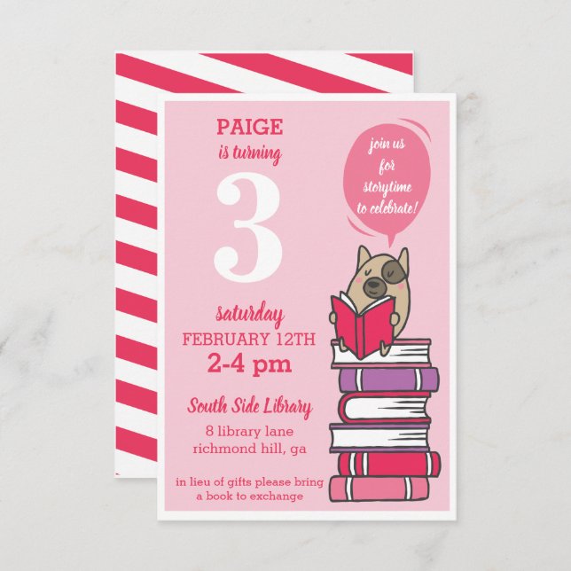 Hot Pink Book Birthday Party Reading Invitation (Front/Back)