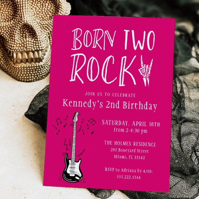 Hot Pink Born Two Rock Guitar 2nd Birthday Party Invitation (Creator Uploaded)