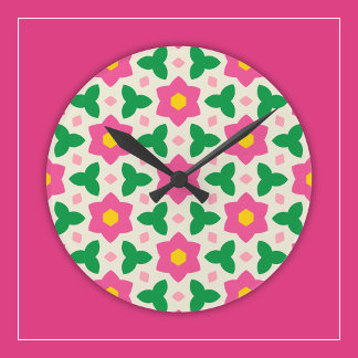 Hot Pink Botanical Flowers on Mod Geometric Floral Round Clock