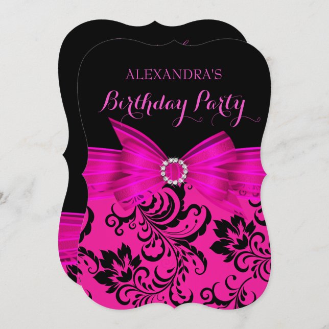 Hot Pink Bow Black Damask Birthday Party Invitation (Front/Back)