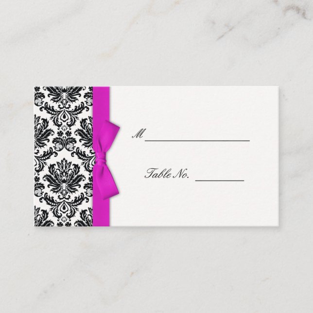 Hot Pink Bow Damask Wedding Placecards (Front)