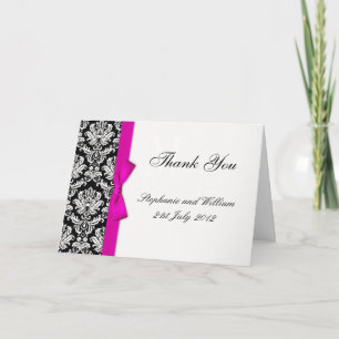 Hot Pink Bow Damask Wedding Thank You Cards