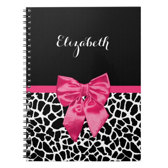 Hot Pink Bow Giraffe Print Name Spiral Notebook (Front)