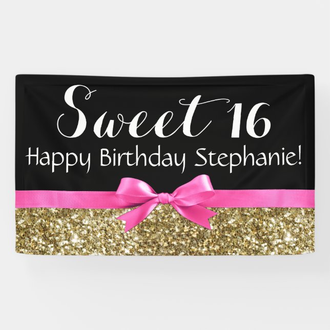 Hot Pink Bow Gold Glitter Sweet 16 Birthday Party Banner (Horizontal)