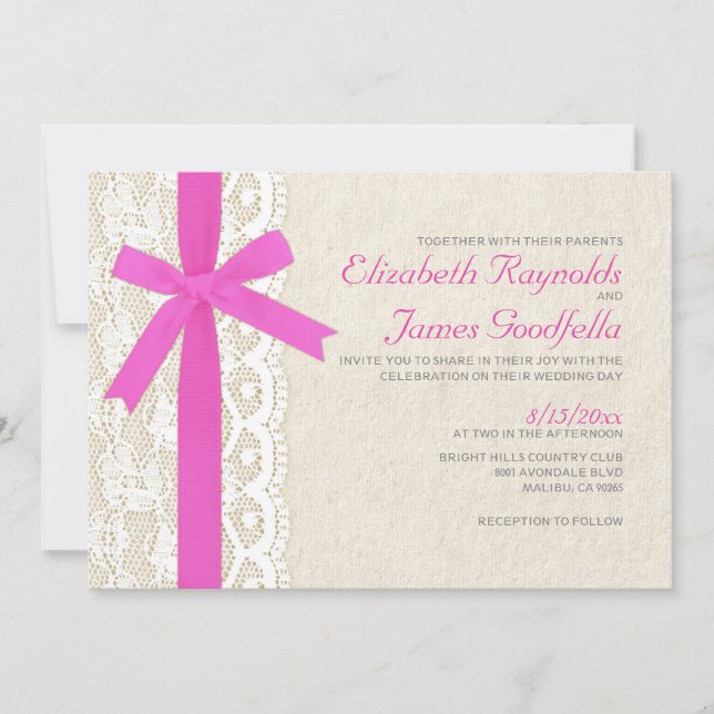 Hot Pink Bow & Lace Wedding Invitations (Front)