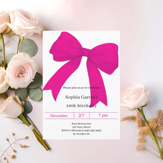 Hot pink bow modern girl birthday invitation (Creator Uploaded)