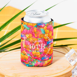 Hot Pink Bright Floral Disco Ball Happy Birthday Can Cooler