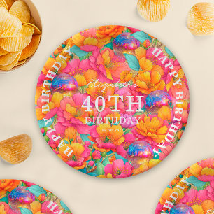 Hot Pink Bright Floral Disco Ball Happy Birthday Paper Plate