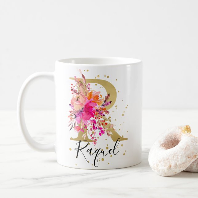 Hot Pink Bright Floral Letter R Monogram Coffee Mug (With Donut)