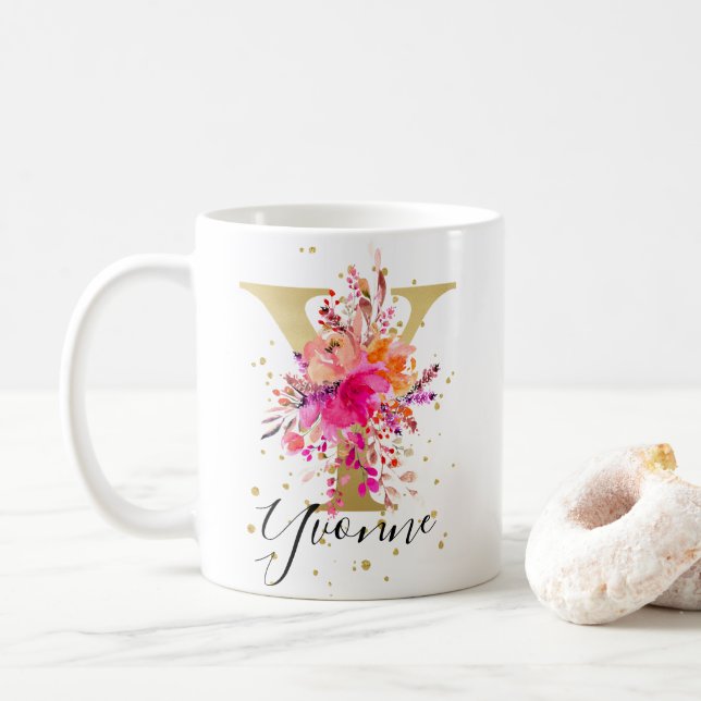 Hot Pink Bright Floral Letter Y Monogram Coffee Mug (With Donut)