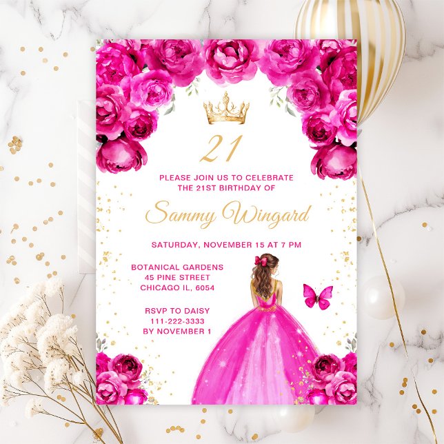 Hot Pink Brown Hair Princess Birthday Party Invitation (Creator Uploaded)