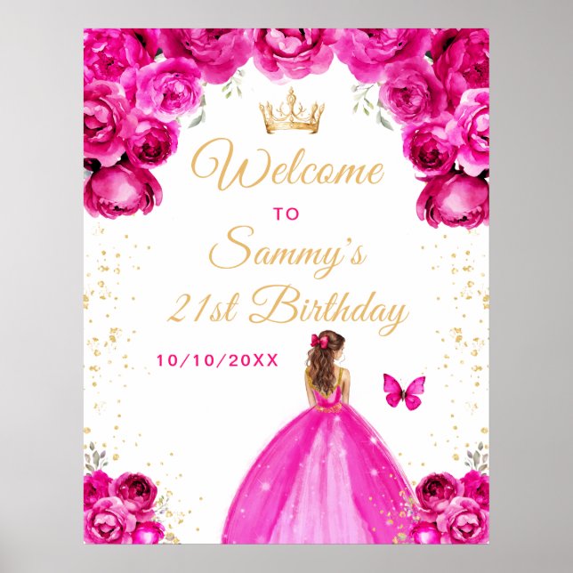 Hot Pink Brown Hair Princess Birthday Welcome Poster (Front)