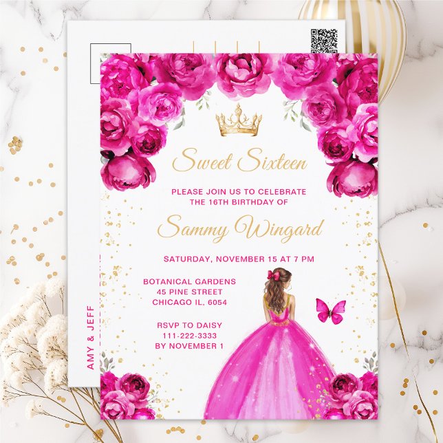 Hot Pink Brown Hair Princess Sweet Sixteen Postcard (Creator Uploaded)