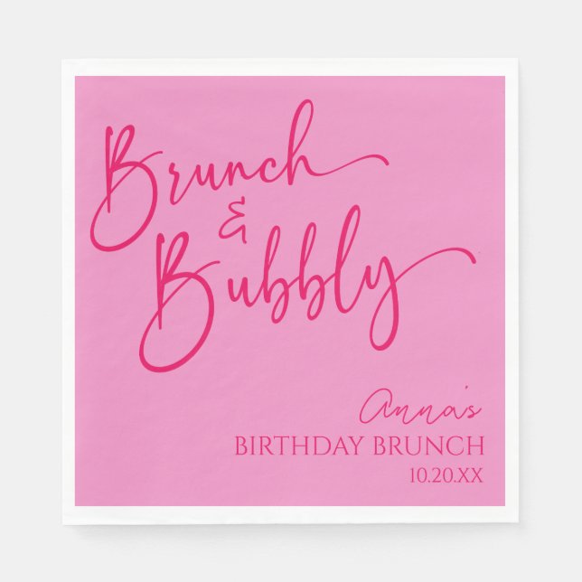 Hot Pink Brunch and Bubbly Birthday Brunch Party Napkin (Front)